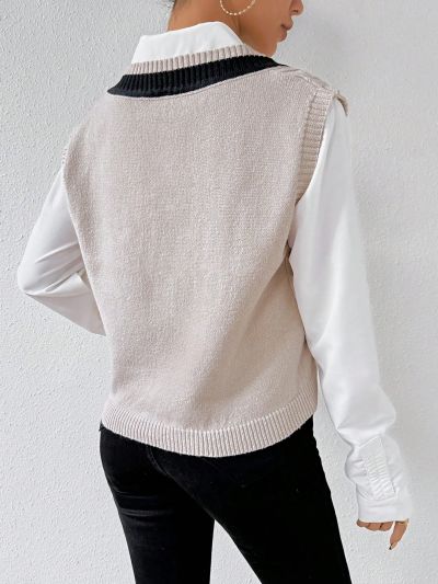 SHEIN Essnce Women'S V-Neck Color Block Knit Sweater Vest