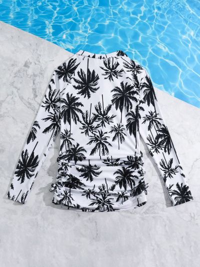 Teen Girl Coconut Tree Print Long Sleeve Front Zipper Cover Up