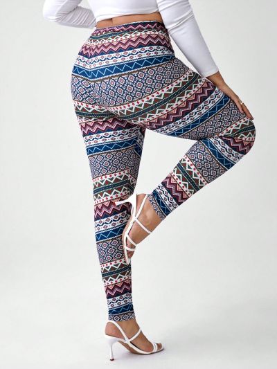 Pamile Plus Size High-Waisted Geometric Pattern Leggings