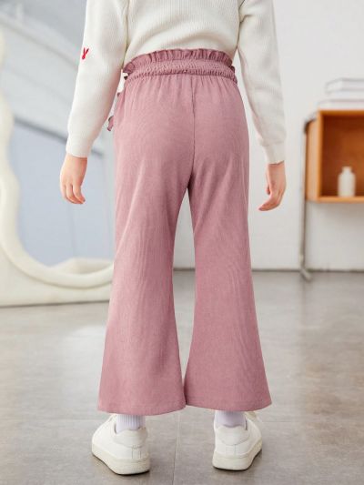 SHEIN Kids FANZEY Toddler Girls' Elegant Slim Fit Bell-bottom Corduroy Woven Pants With Frilled Hem Detail