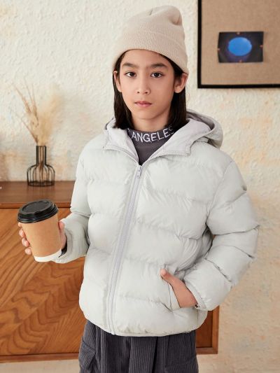 SHEIN Tween Boy Slant Pockets Hooded Puffer Coat