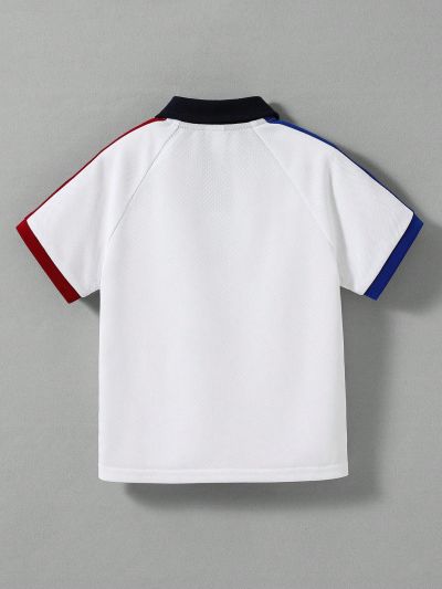 SHEIN Kids Academe Young Boys' Color Block Collar Short Sleeve Polo Shirt With Raglan Sleeve For School Style