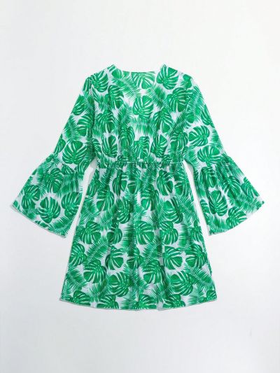 Girls' Drawstring Waist Bell Sleeve Tropical Printed Kimono