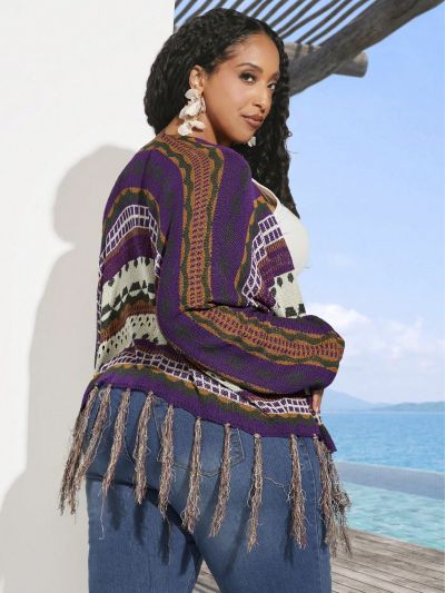 SHEIN CURVE+ Plus Size Women's Geometric Pattern Splicing Tassel Hem Cardigan