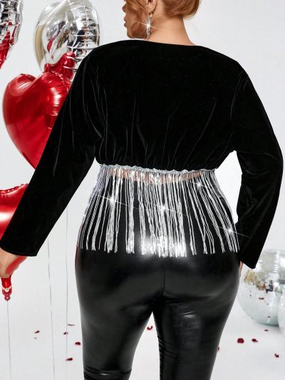 SHEIN BAE Plus Size Fringe Patchwork Long Sleeve Jacket