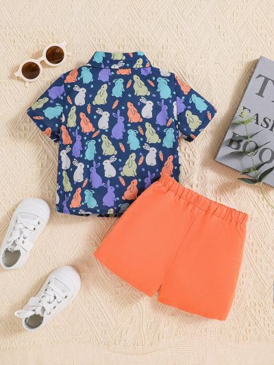 SHEIN Baby Boys' Easter Bunny Printed Short Sleeve Shirt And Solid Color Casual Shorts Set