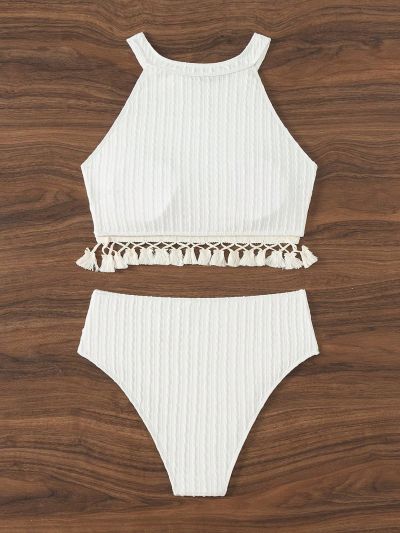 SHEIN Swim BohoFeel Women'S Texture Fringe Hem Sleeveless Tankini Swimsuit