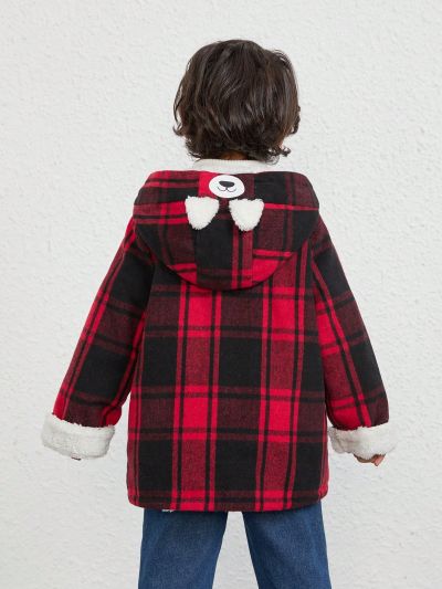 SHEIN Young Boy Plaid Print Double Breasted Plush Lined Hooded Overcoat