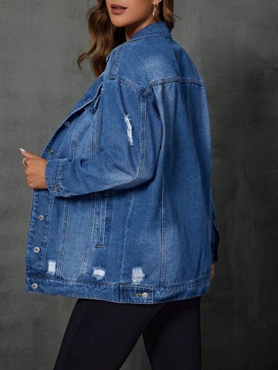 SHEIN LUNE Distressed Turn Down Collar Denim Jacket