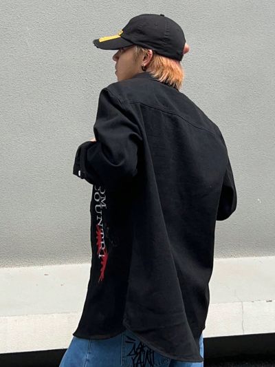 Men Letter & Skeleton Embroidery Denim Shirt