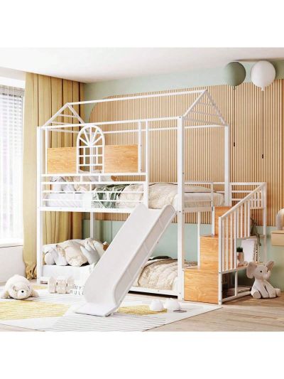 Merax Twin Over Twin Metal Bunk Bed, Metal Housebed with Slide and Storage Stair