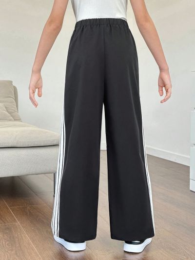 SHEIN Kids EVRYDAY Tween Girl's Knitted Solid Color Loose Fit Casual Straight Pants