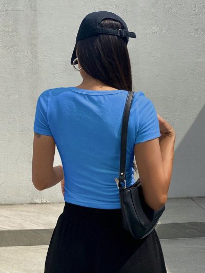 Ladies' Solid Color Short Sleeve T-Shirt With Big Round Neck