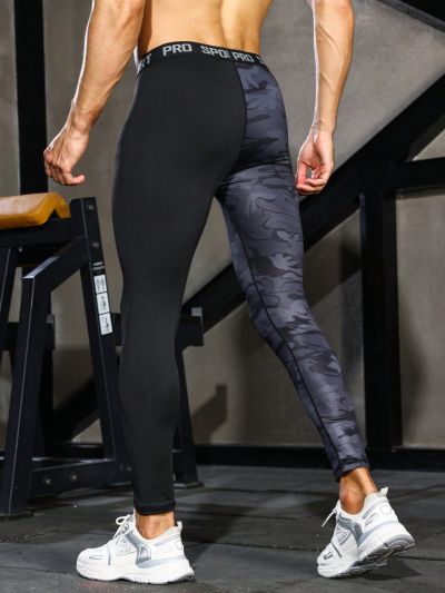 Fitness Men Camo & Letter Graphic Sports Tights