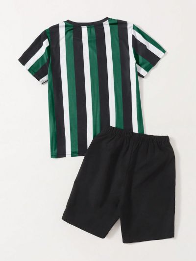 SHEIN 2pcs/Set Tween Boys' Casual Striped T-Shirt And Drawstring Waist Shorts