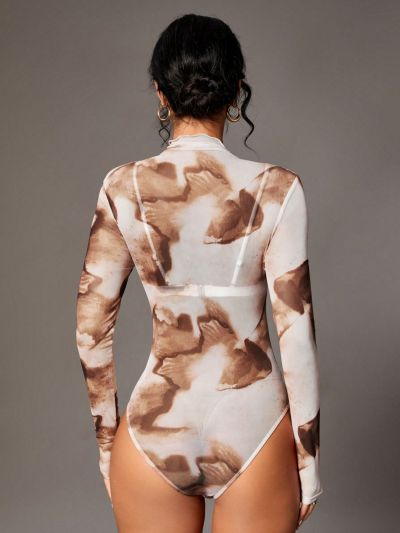 SHEIN Tall 1pc Lettuce Trim Tie Dyed Mesh Bodysuit