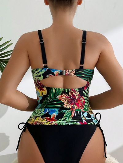 SHEIN Swim Classy Women's Plant & Floral Printed Sleeveless Tankini Swimsuit