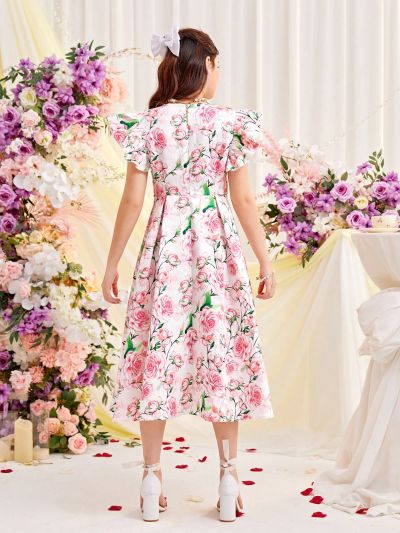 SHEIN Teen Girls' Knit Texture & Jacquard Floral Printed Flying Sleeve A-Line Dress