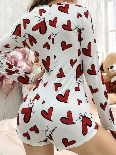 Women's Heart Printed Button Front Romper Pajamas