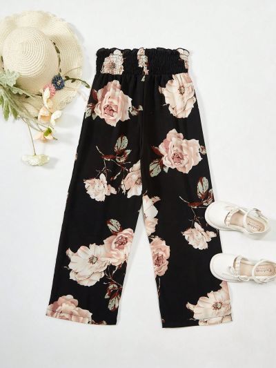 SHEIN Kids FANZEY Floral Print Shirred Waist Wide Leg Pants