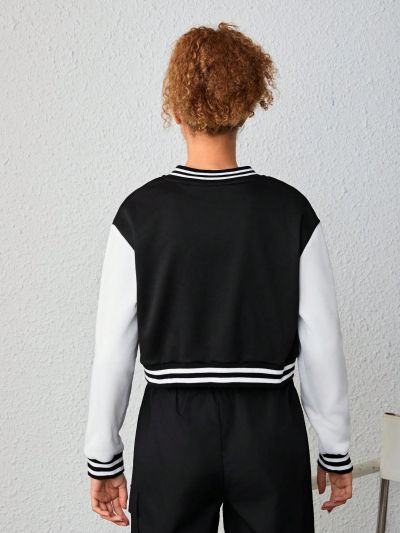 Teen Girl Letter Patched Striped Trim Drop Shoulder Crop Varsity Jacket