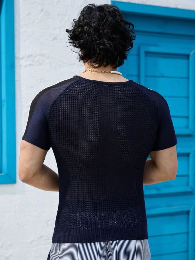 Men'S Striped Drop Shoulder Short Sleeve Knit Top