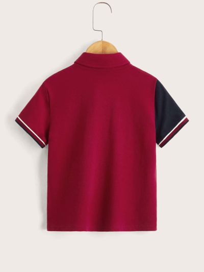 SHEIN Teen Boys' Casual Knit Polo Shirt With Half Placket And Colorblock Collar And Pattern Print