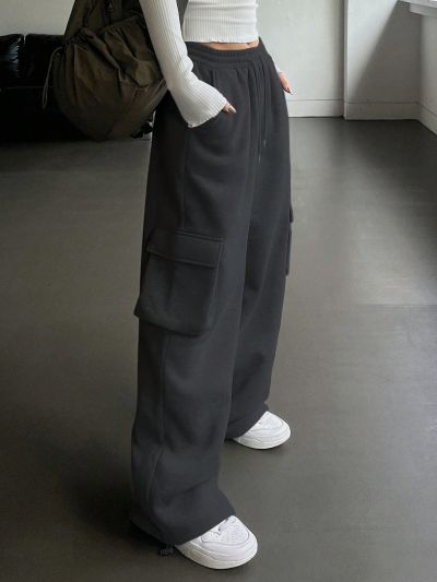 DAZY Women'S Solid Color Drawstring Waist Cargo Sweatpants