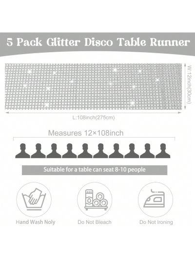 5 Pack 12 x 108 Inch Disco Table Runner Glitter Sequin Mirror Foil Table Runner for 70s 80s Disco Theme Party Birthday Wedding Event Table Decorations