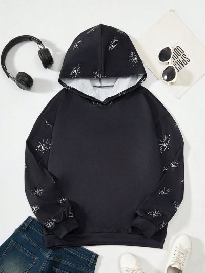 Teen Girls' Casual Street Style Hooded Sweatshirt With Printed Pattern