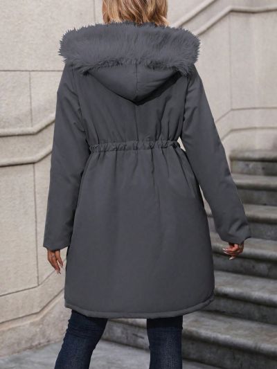 Plus Size Fuzzy Trimmed Insulated Drawstring Waist Hooded Winter Coat