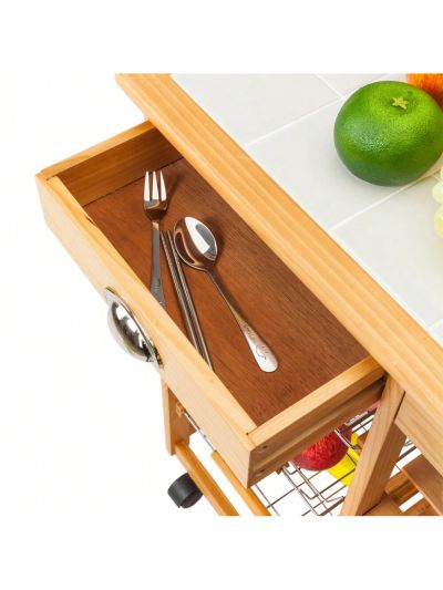 Kitchen & Dining Room Cart 2-Drawer Removable Storage Rack with Rolling Wheels Wood Color