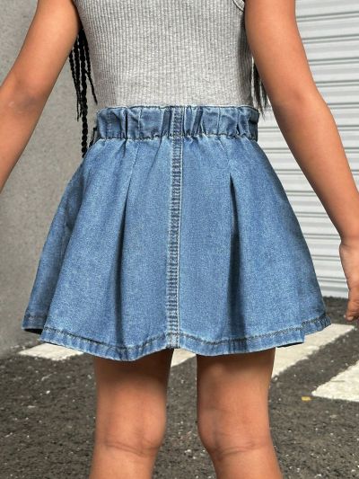 SHEIN Girls Regular Mid-waist Cute Style Denim Pleated Skirt
