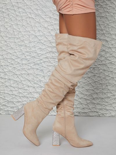 Vegan Suede Embellish Block Heel Scrunch Knee High Booties
