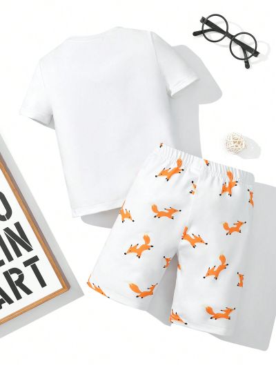 SHEIN Toddler Boys' 2pcs Tight & Casual Cartoon Animal Printed Homewear Set