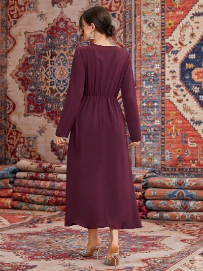 SHEIN Modely Women'S Long Sleeve Dress With Plant Embroidery
