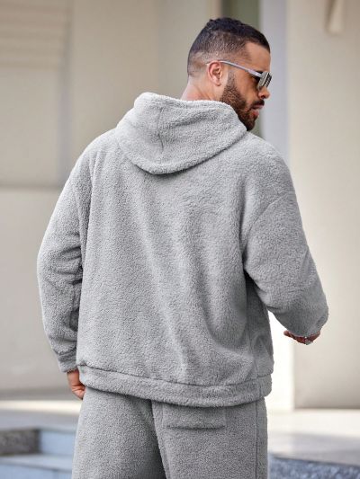 Manfinity Men's Plus Size Letter Patchwork Plush Lined Hoodie And Pants Knitted Casual 2pcs/Set