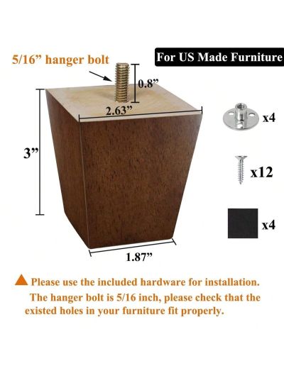 Wood Furniture Legs 3 inch Sofa Legs Pack of 4 Square Couch Legs Brown Mid-Century Modern Replacement Legs for Cabinet, Dresser, Nightstand