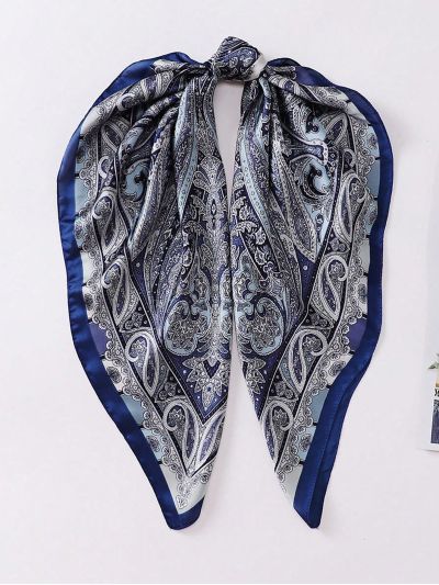 1pc Navy Blue Women's Cashew Print Square Scarf, Silk Headscarf For Daily Wear
