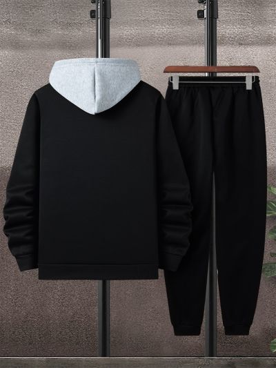 Manfinity Men Geo Print Kangaroo Pocket Drawstring Hoodie & Sweatpants