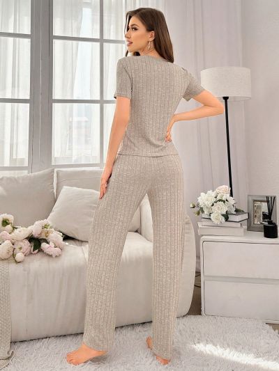 Women'S Solid Color Knit Ribbed Casual Homewear Set