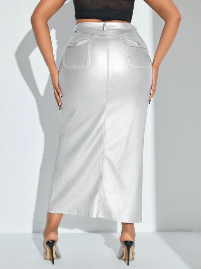 SHEIN SXY Plus Size Denim Skirt With Split Hem And Gloss Coating
