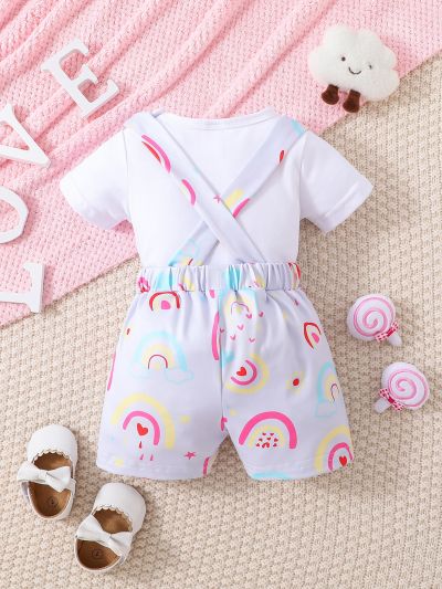 Baby Solid Tee & Rainbow Print Overall Romper