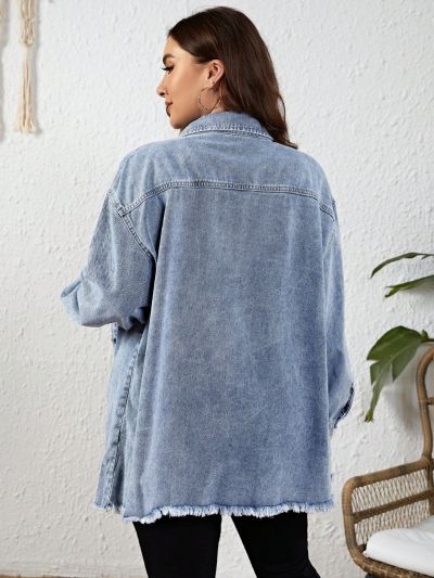 Plus Size Women'S Light Blue Water Wash Raw Edge Denim Jacket