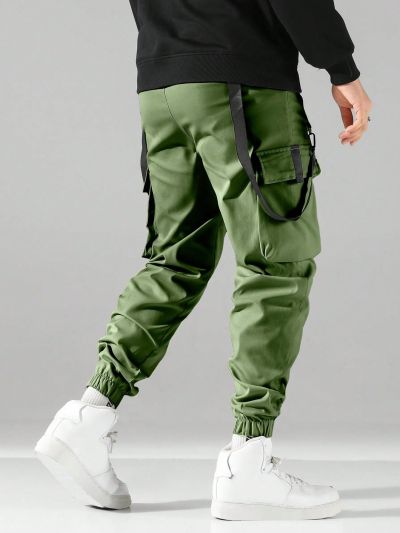 Manfinity Men's Plus Size Drawstring Waist, Side Flap Pocket Cargo Pants