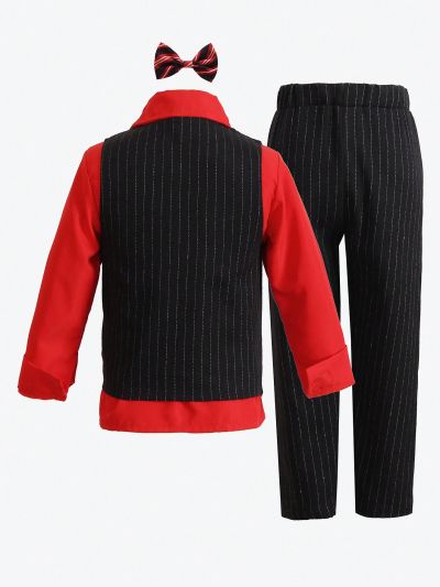 Young Boy 1pc Vertical Striped Waistcoat & 1pc Suit Pants & 1pc Tie Shirt & 1pc Bow
