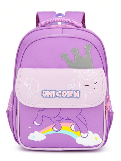 Girls' School Backpack, For Grade 1-4, Cartoon Unicorn Design, Purple, With Anti-lost Buckle