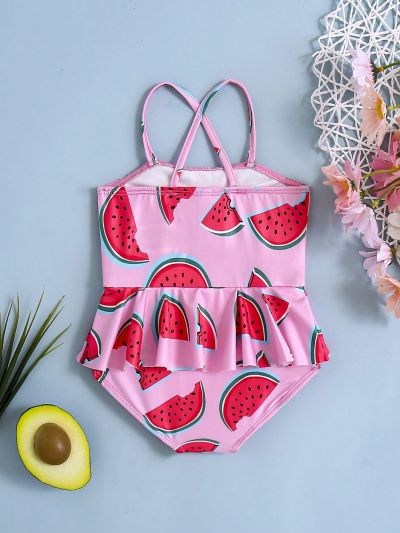 SHEIN Baby Girl Casual Cute Watermelon Pattern Bowknot Decor Strap One-Piece Swimsuit