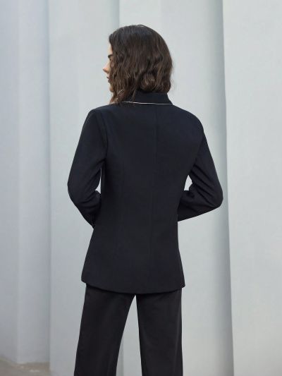 Anewsta Shawl Collar Patchwork Edge Long Sleeve Blazer Jacket