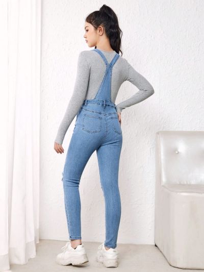 SHEIN Teen Girl Flap Pocket Ripped Denim Overalls